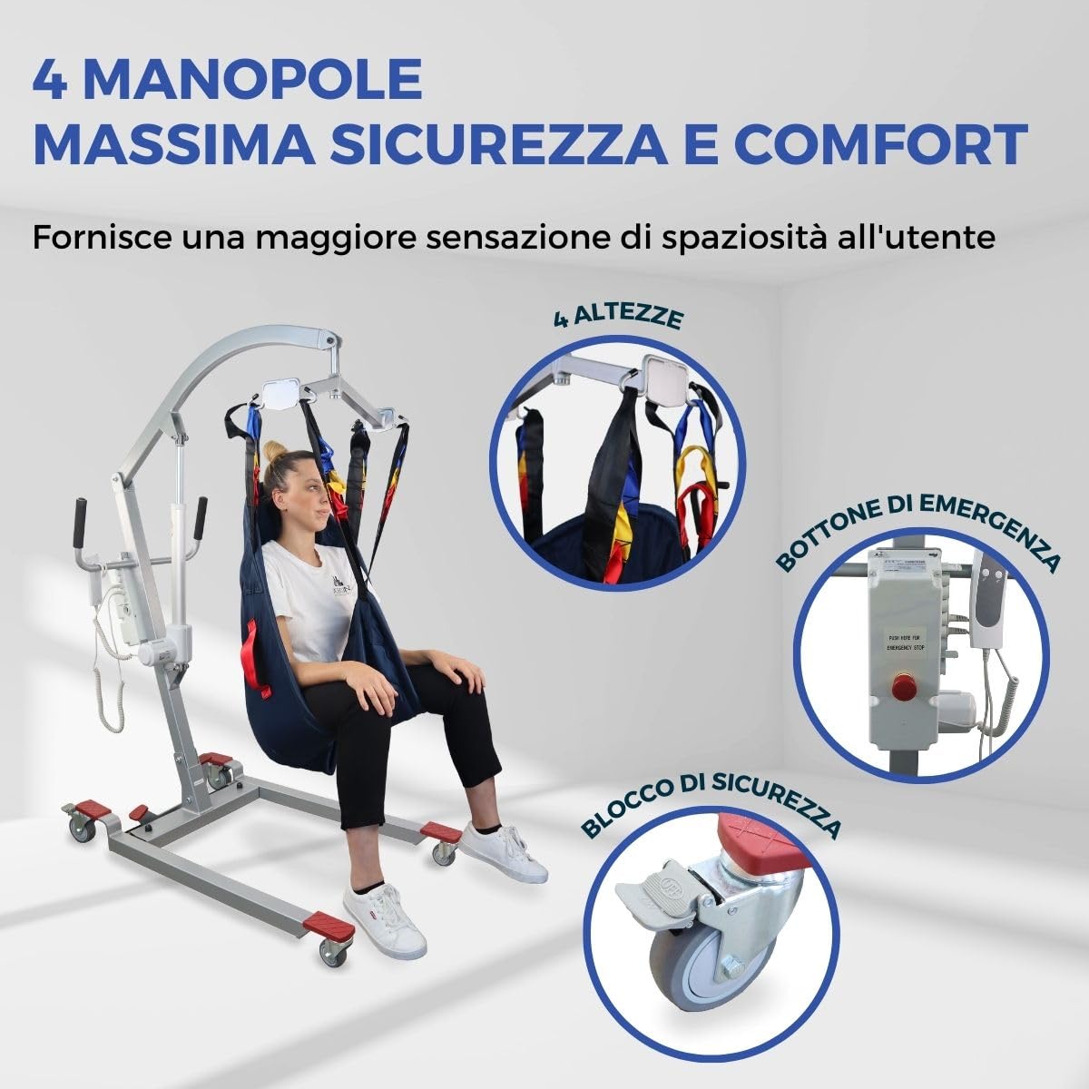 Mobiclinic®, Sollevatore per anziani, Elettrico, Fortuna basic, Imbracatura di trasferimento inclusa, Sostiene fino a 180 kg, Due batterie, Regolabile, Ruote sicurezza bloccate, Resistente