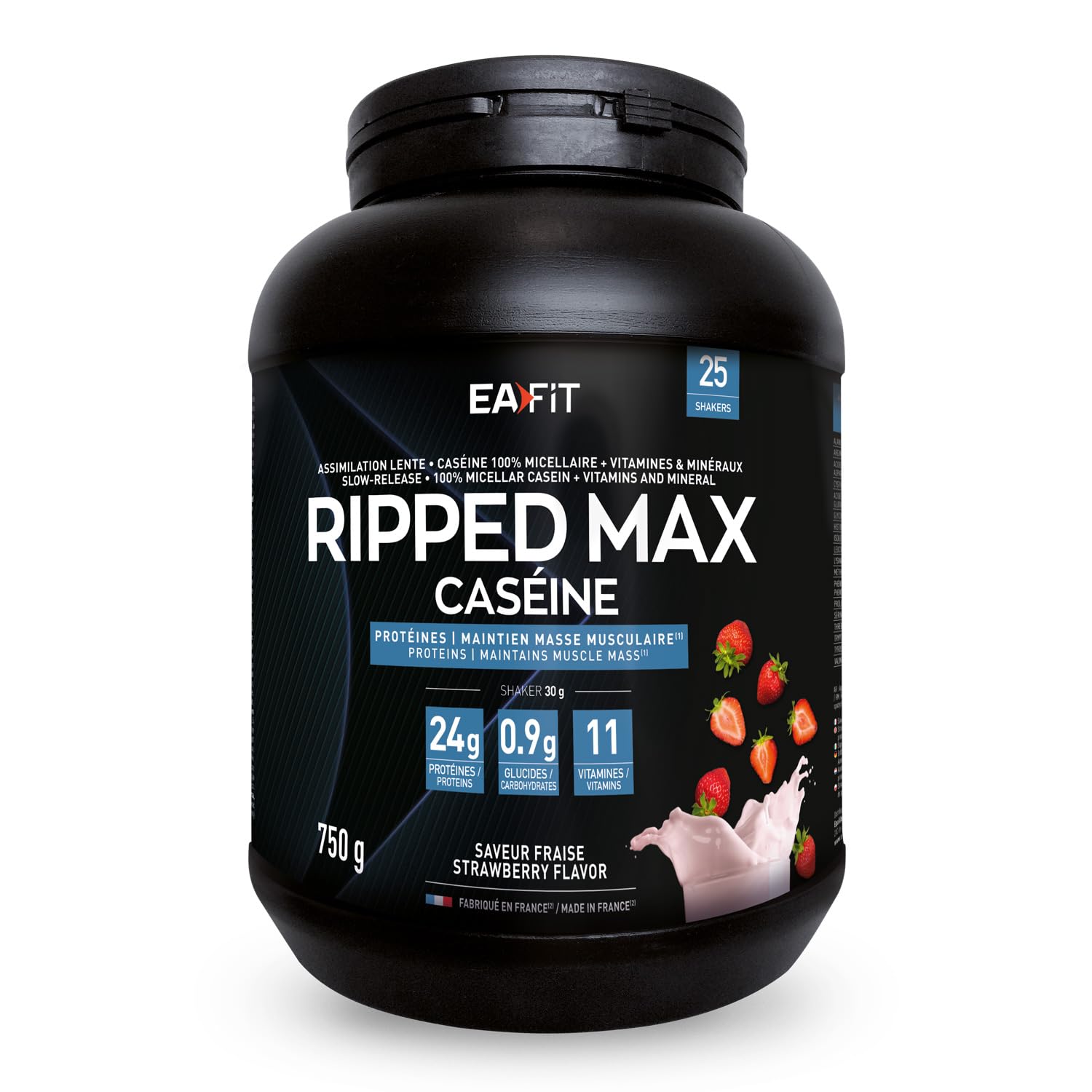 Eafit Ripped Max Casein, 750g, Erdbeere, Proteinreich, Zucker- und fettarm, Muskelwachstum, 100 Prozent mizellares Casein, High Amino Complex, Vitamin- und Mineralienquelle, Eafit Französische Marke