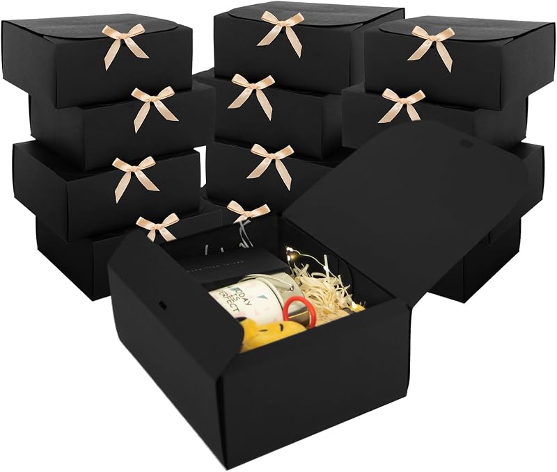12 PCS Black Gift Boxes with Lids，9.8x7.8x3.9, Bridesmaid Proposal Box with Ribbon, Gift Boxes for Wedding, Christmas, Valentine's Day,Birthday,Baby Shower and the other Parties