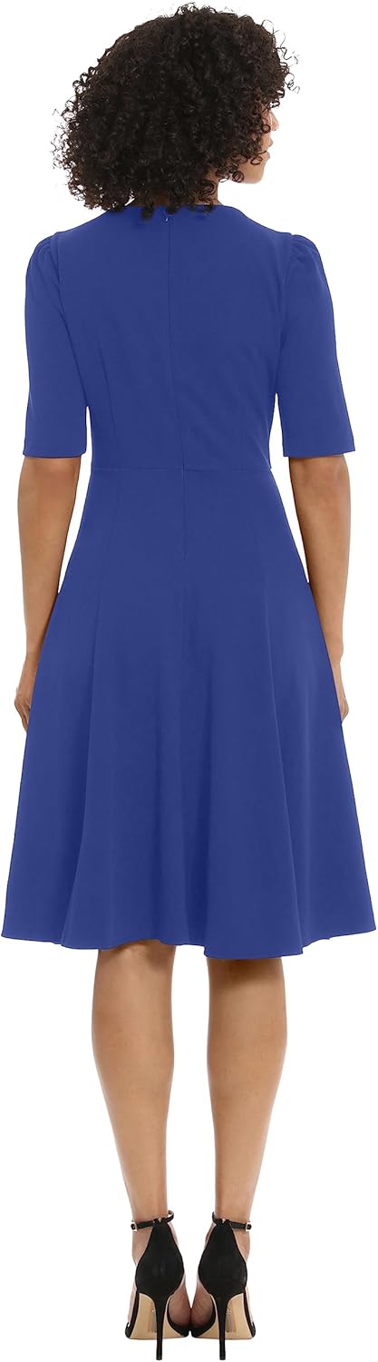 Donna Morgan Women's Dresses Stretch Crepe Elbow Sleeve V-Neck Fit and Flare Midi Dress - Image 4