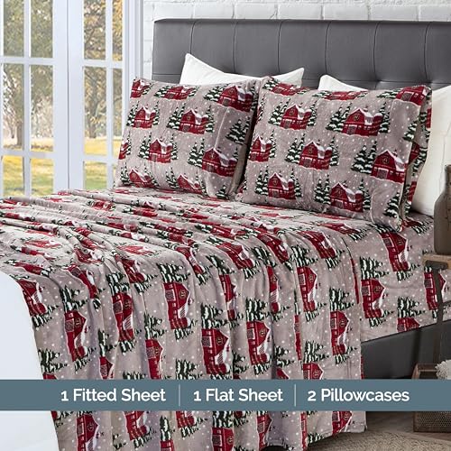 Elegant Comfort Luxuriously Soft 4-Piece Holiday Velvet Plush Flannel Sheet Set - Premium Quality - Cozy Warm, Christmas Fuzzy Velvet Flannel Fleece Deep Pocket Sheet Set - Twin XL, Snowybarn