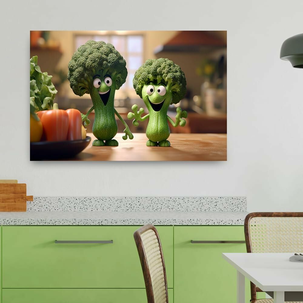 Lustige Küchen-Wanddekoration, verschiedene grüne Gemüse-Kunst, Brokkoli-Freunde, verspielte Cartoon-Illustrationen, Küchen-Wandkunst für Küche, Esszimmer, Dekoration, Gemüsekost-Poster für