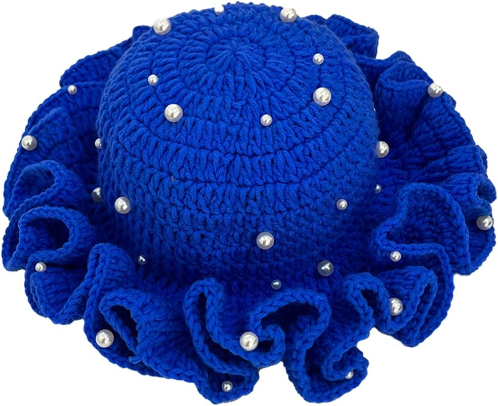 Pearl Crochet Bucket Hat for Women - Hshsclth Boho Slouchy Ruffle Knit Beach Hat with Pearls