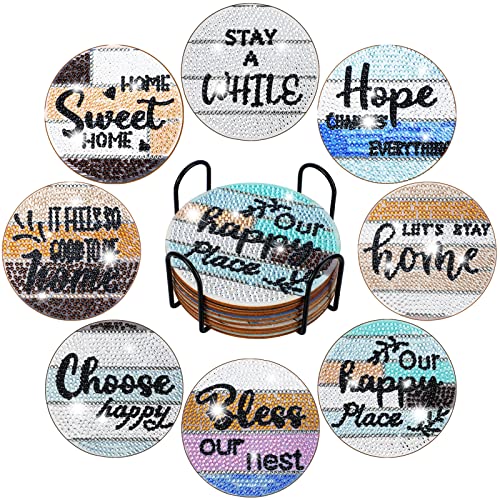 Vesici 8 Pcs Diamond Art Coasters with Holder Farmhouse Diamond Painting Coasters DIY Art Kits for Adults Beginner Gift