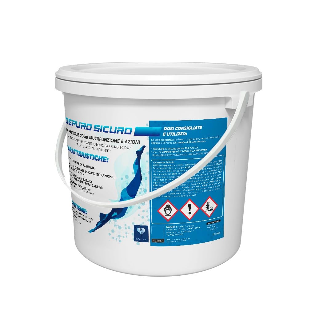 Naturii Cloro Multifunzione, Pastiglie 200 g Cloro Polifunzione Dicloro, Alghicida, Flocculante per Acqua Piscina kg 10 (1)