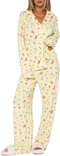 Giraropa Women Fruit Pajamas 2 Piece Pajama Sets Long Sleeve Button Down Shirt Elastic Waist Pants Set Loungewear
