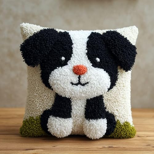 Henypt Latch Hook Craft Kit 17x17 Inch,Cartoon Puppy Complete Embroidery Cushion Kit,Creative Craft Stress Relief Handmade Gift for Beginners