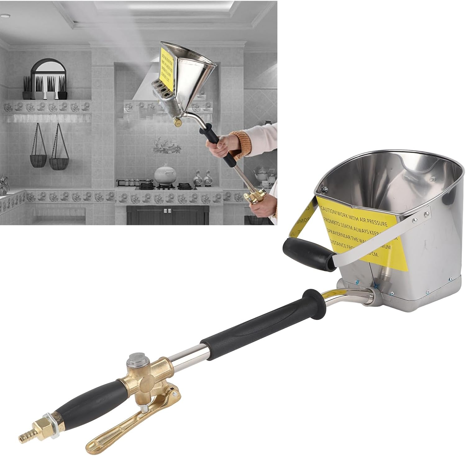 Assembled Topyond Pneumatic Spray Gun with caution label