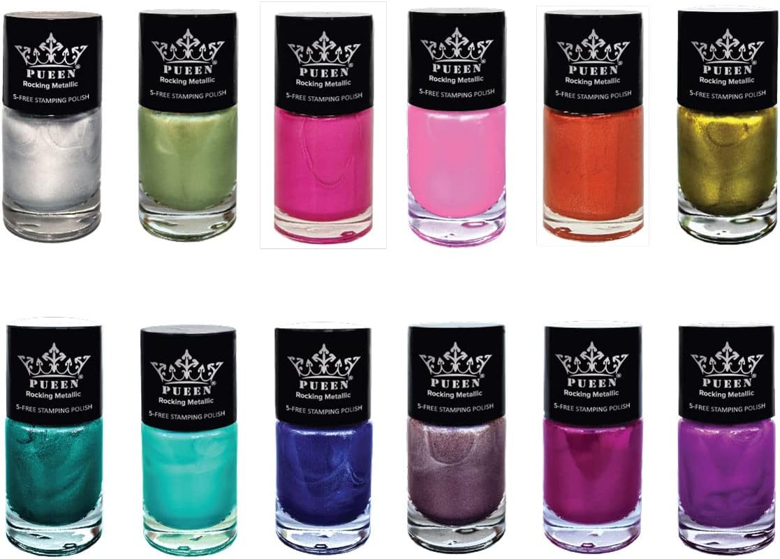 PUEEN Rocking Metallic Stamping Nail Polish Nail Art Color - Set of 12 Metallic Colors - 12ml each - BH001043