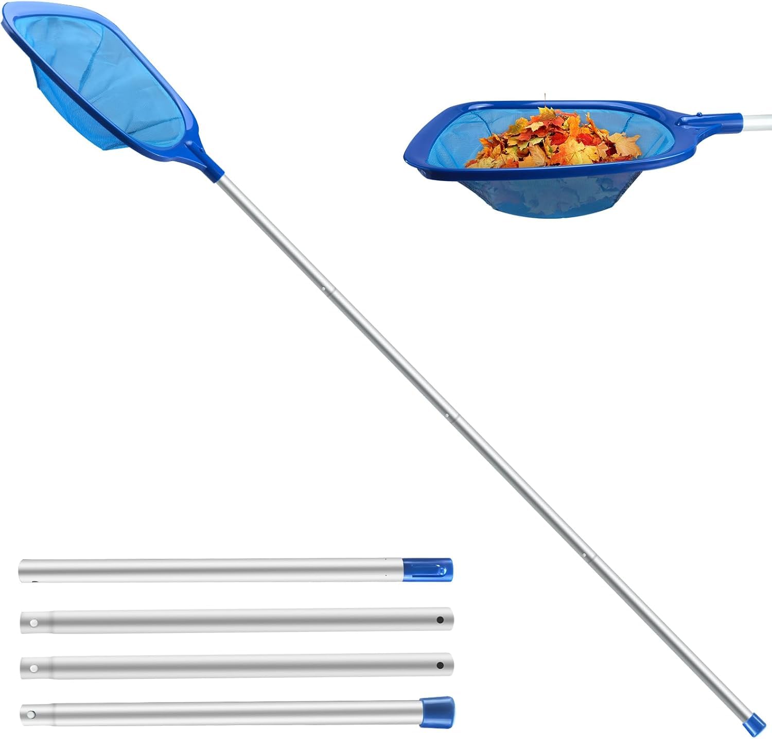 Jsdoin 161cm Recogehojas para Piscinas Profesional,Kits de Skimmer Piscinas con 1.24m Barra Telescópica para Piscina, Spas, Estanques, Parque Acuatico