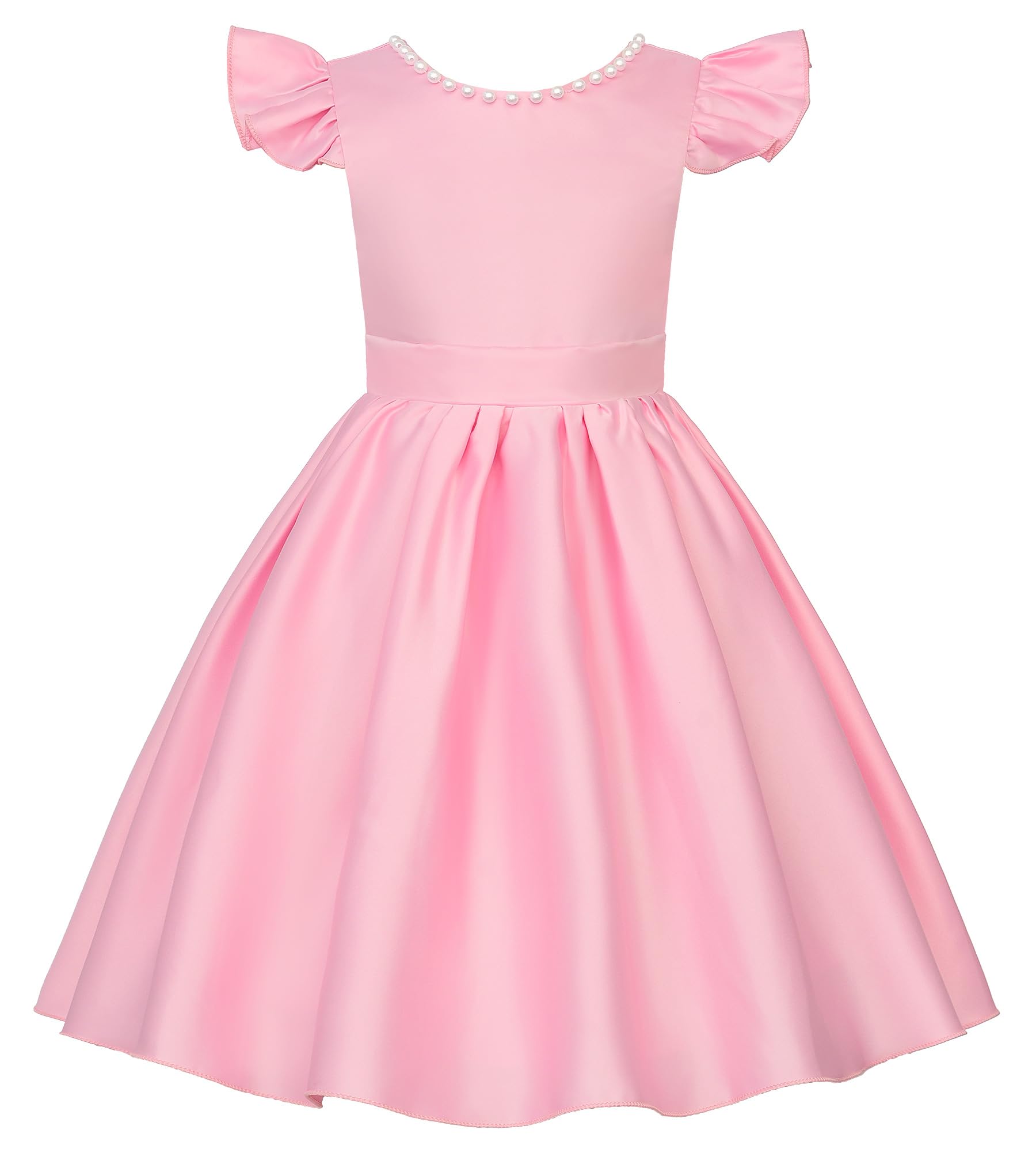 Uhnice Vestito Bambina Cerimonia Satin Maniche Svolazzanti con Perle Lunghezza Ginocchio con Fiocco Rimovibile