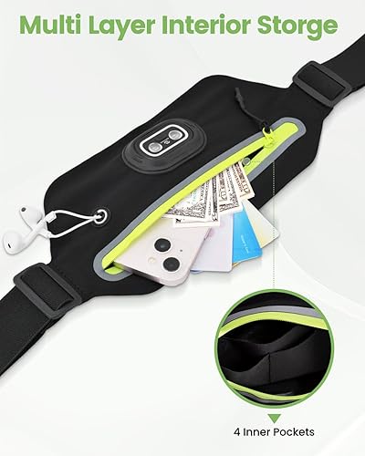 Miniatura 4 de Riñonera delgada para hombres y mujeres, riñonera con luz nocturna RGB recargable extraíble y cinta reflectante, bolsa para correr con agujero para
