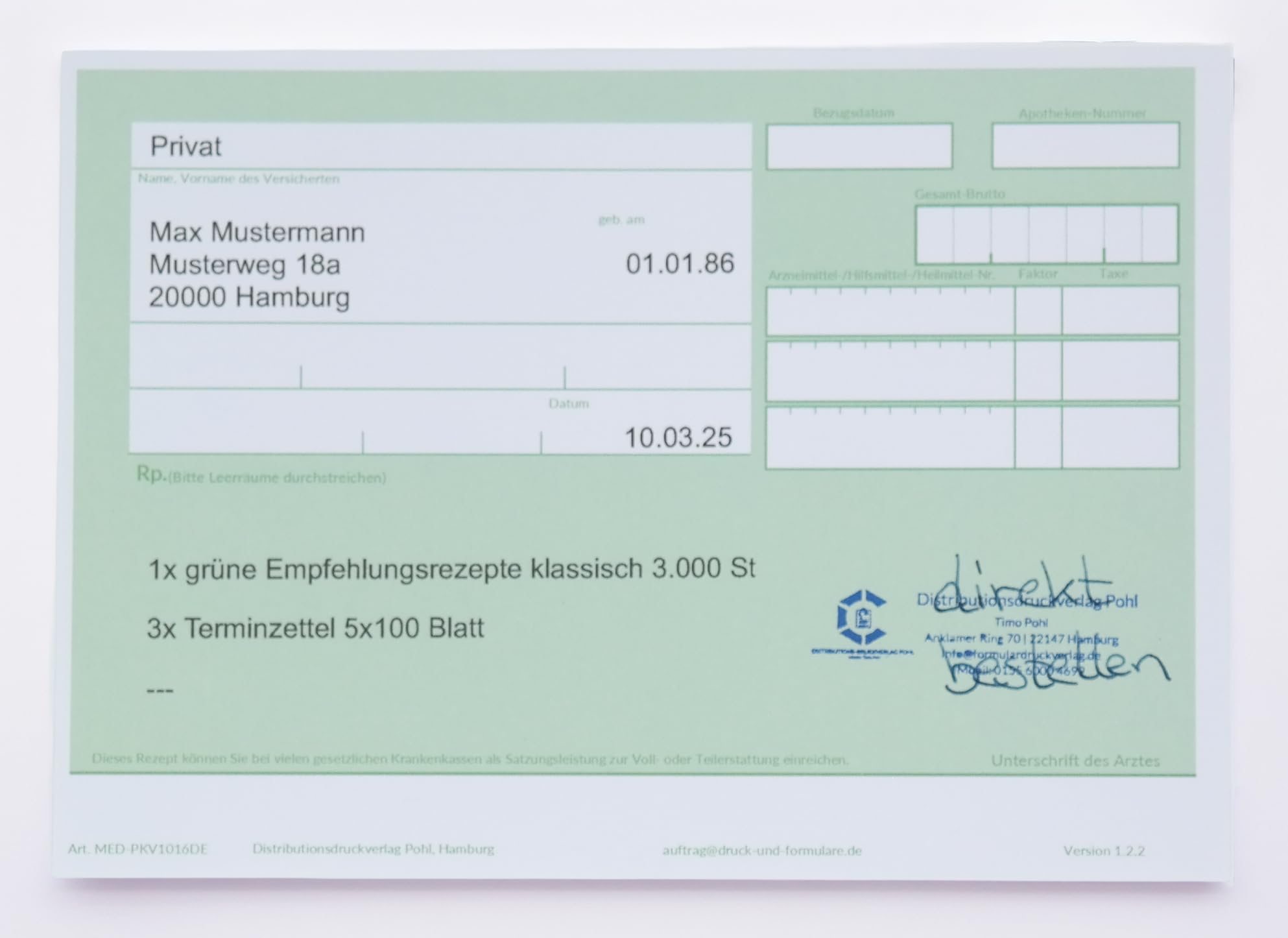 (200 Stk.) REZEPT grün DIN A6 | Empfehlungsrezept klassisch | für Ärzte, Praxen und Heilpraktiker | grünes Rezept