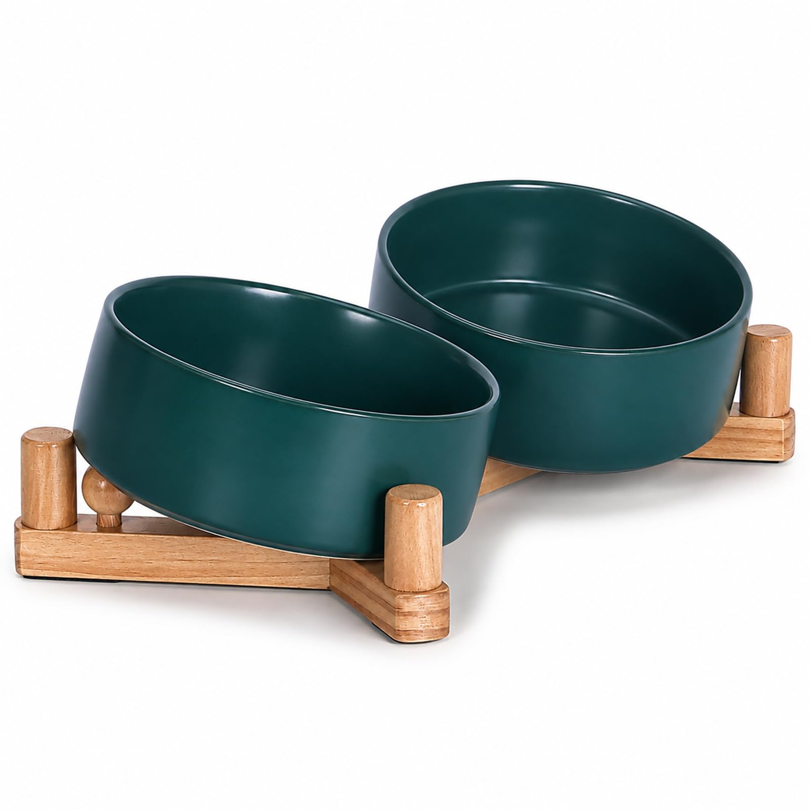 Lot de 2 gamelles en céramique pour chien et chat avec support en bois, bols lestés antidérapants pour nourriture et eau, double mangeoire surélevée pour petits chiens et chats, gamelles en vernis mat