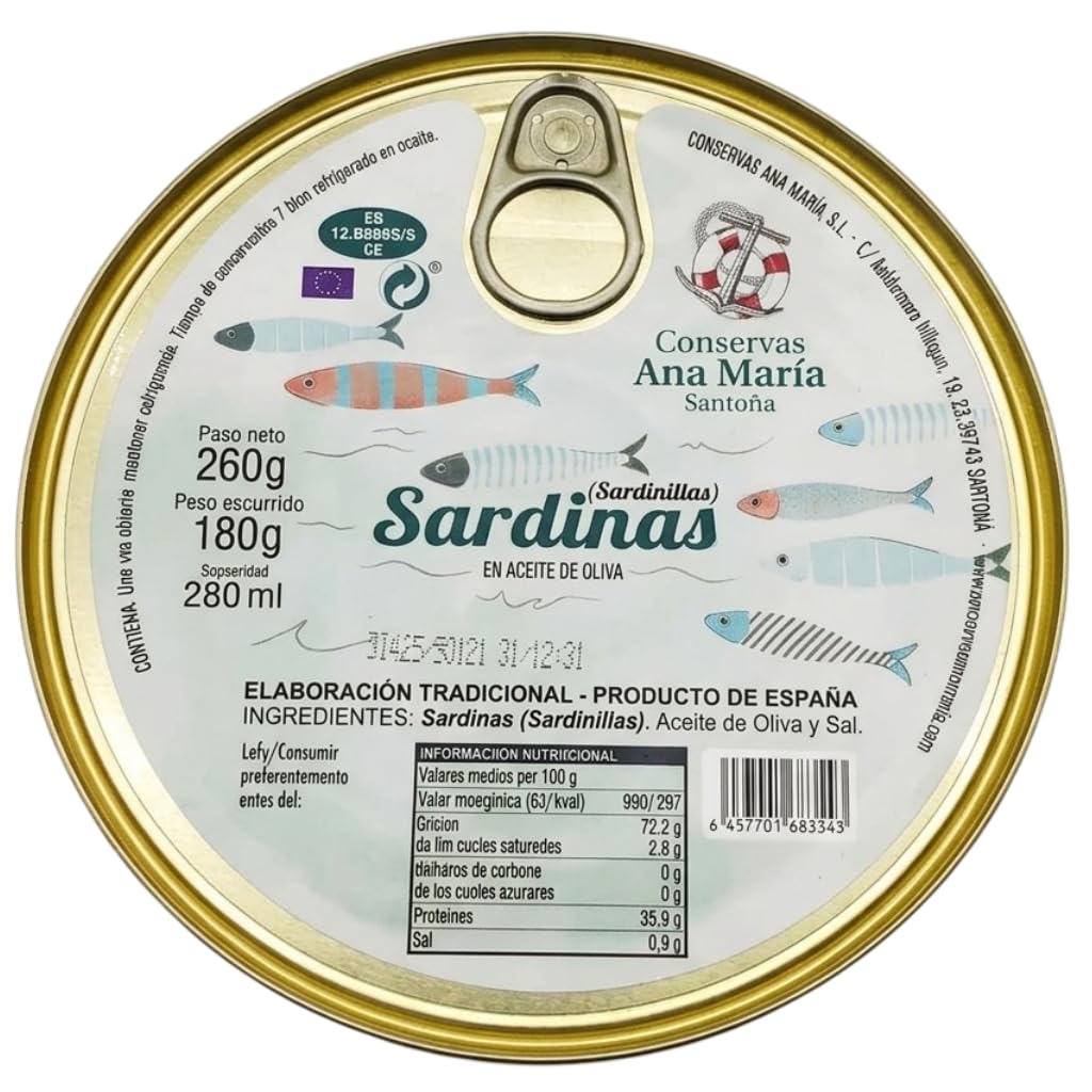 Kleine Sardinen (Sardinillas) in Olivenöl – Conservas Ana María Traditionelle Herstellung aus Santoña (Spanien) – Dose 280ml (Nettogewicht 260g / Abtropfgewicht 180g)