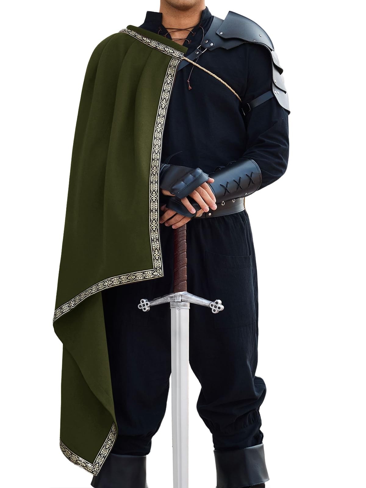 Runcati Renaissance Costume Men's Medieval Tunic Viking Vest Cape Halloween Carnival Cosplay Tops Vintage Hooded Coat Army Green L
