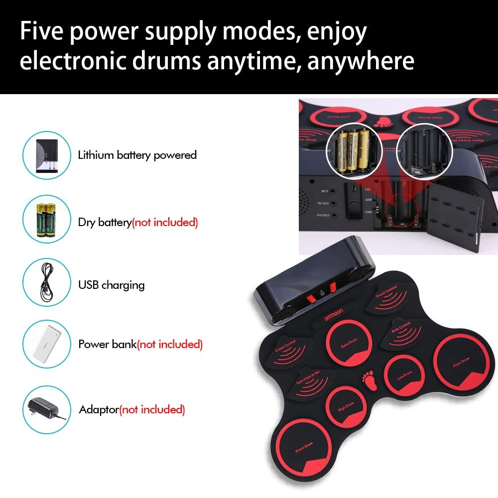 Batteria Elettronica Set Drum Kit Digitale 9 Pad Silicio Altoparlanti Stereo 2 Pedali