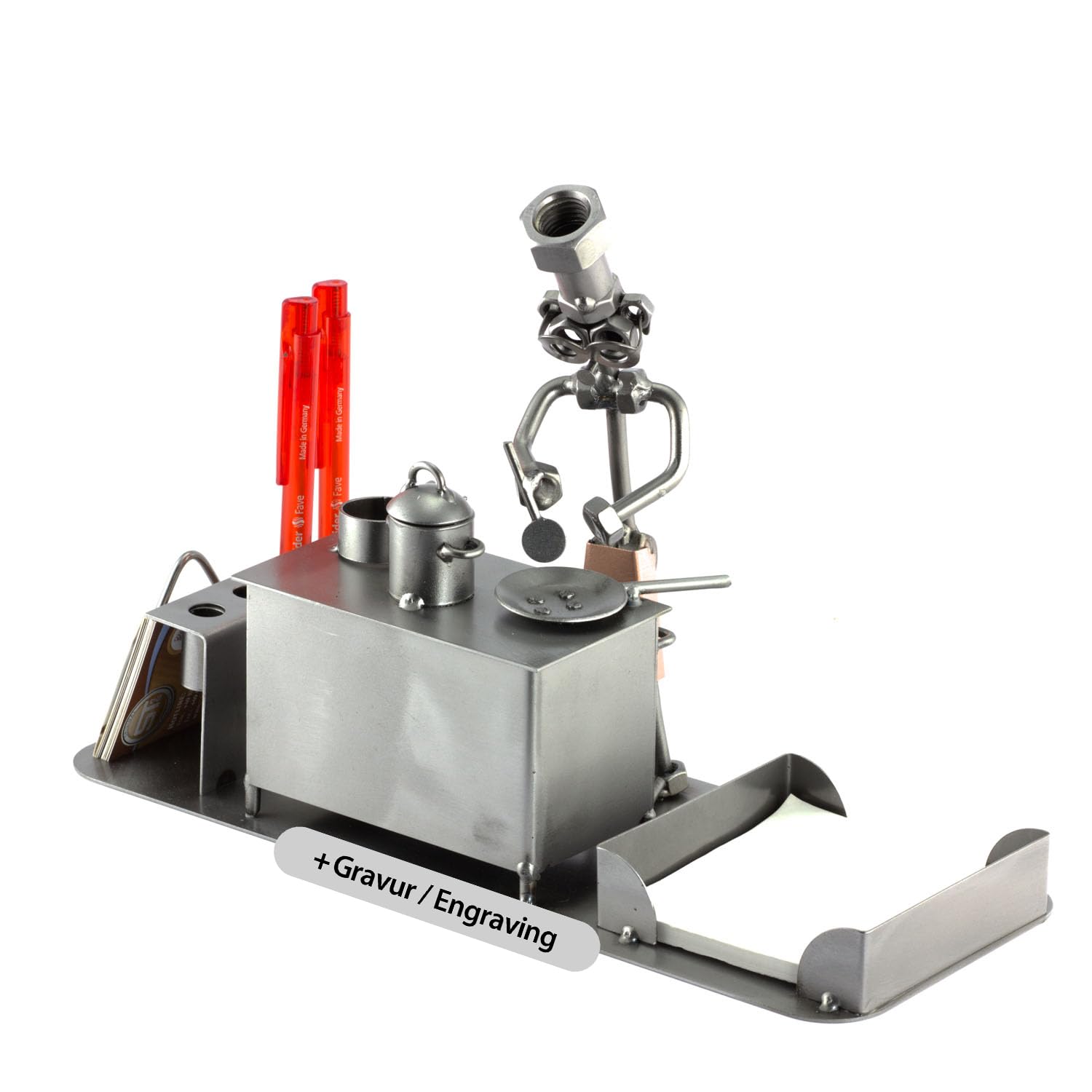 Steelman24 Schraubenmännchen Koch Schreibtisch Organizer mit Gravur | Made in Germany,Handarbeit,Geschenkidee,Stahlfigur,Metallfigur