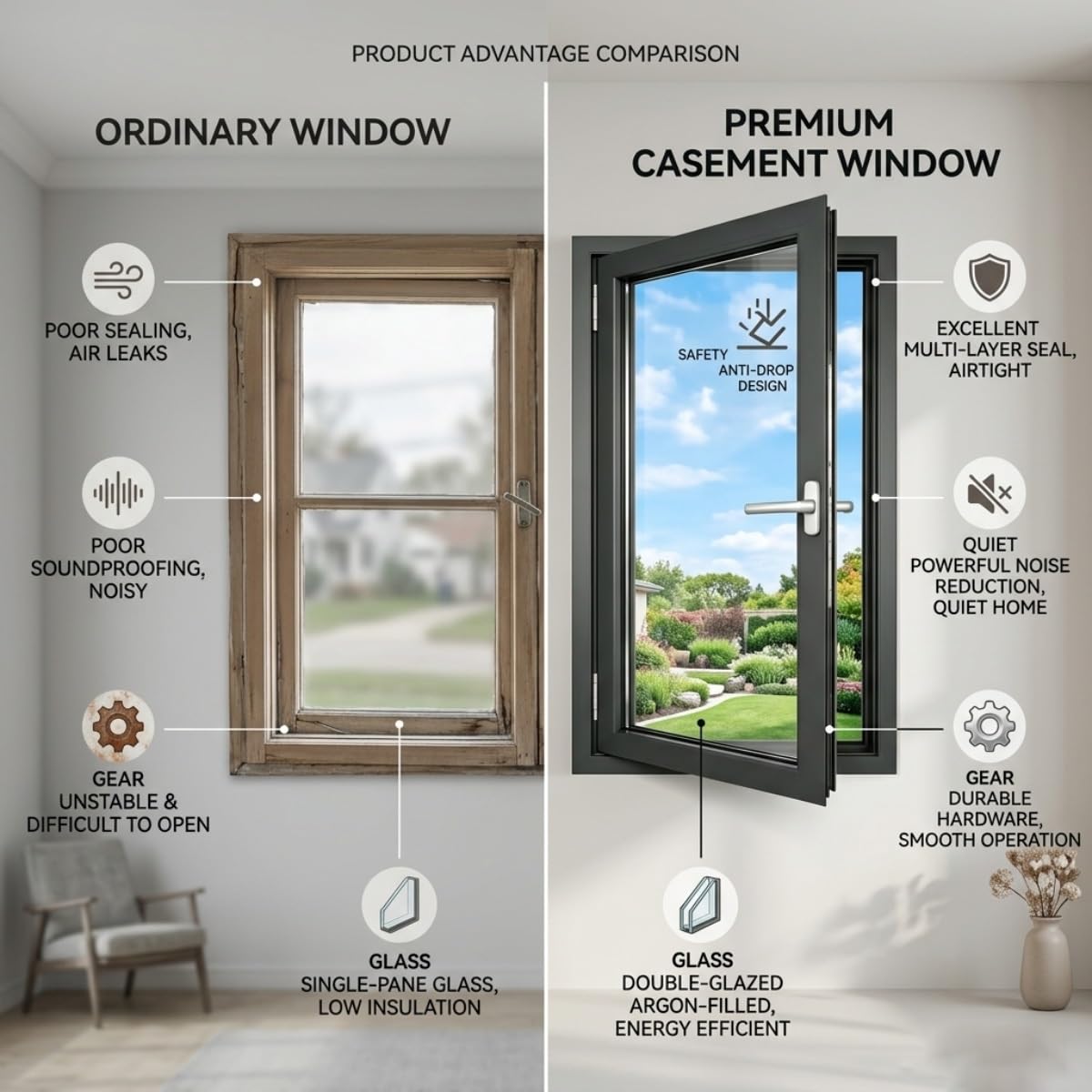Ventana Abatible de Aluminio para Sótano, Cristal Resistente para Repuesto de Ventana Cobertizo, Buena Ventilación para Dormitorio, Baño y Cocina(R-OP Gray,18x12")