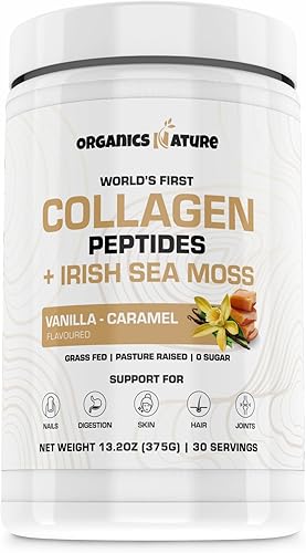 ORGANICS NATURE Polvo de péptidos de colágeno con sabor a caramelo de vainilla y musgo marino irlandés  Colágeno hidrolizado de origen natural con