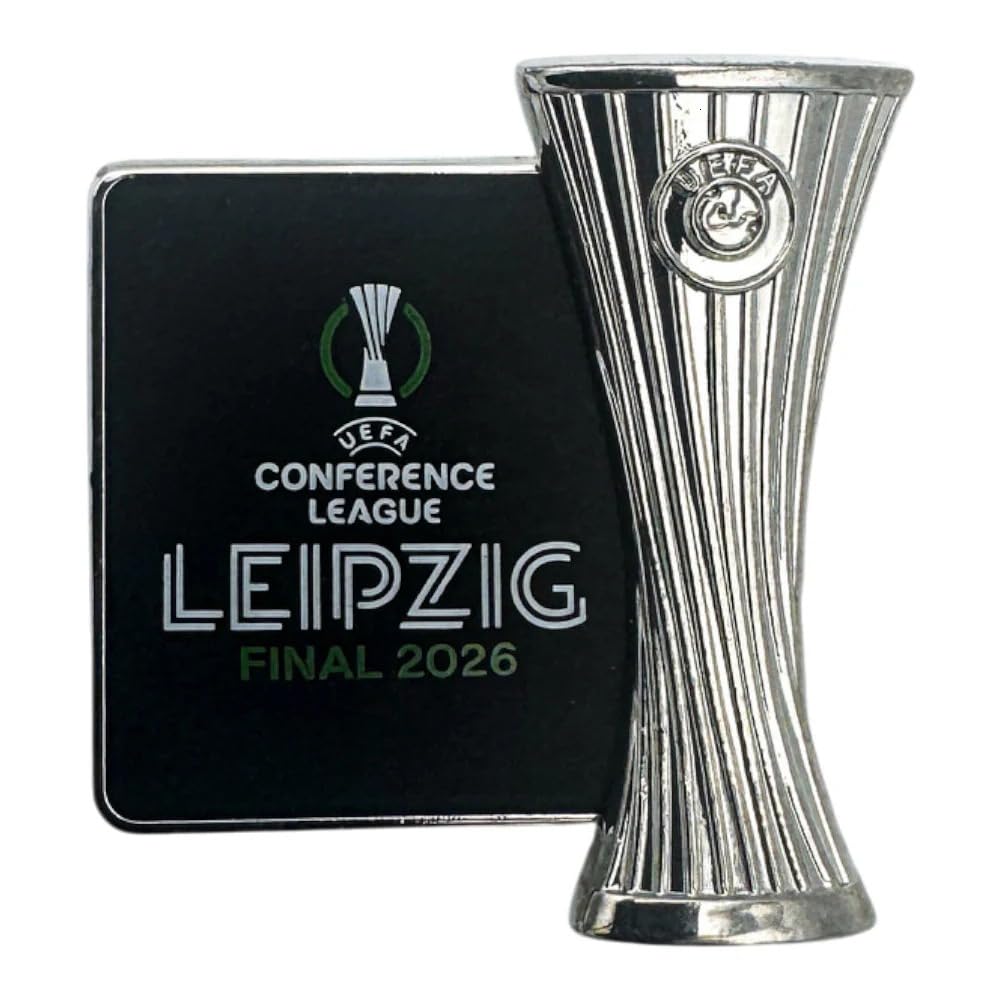 Am Ball Com UEFA Conference League Pin Badge, Leipzig Final 2026, 2-Piece Design with Trophy and Final Plaque, Fan Merchandise for Jackets Caps Bags Backpacks, Collectible Item, Gift for Men