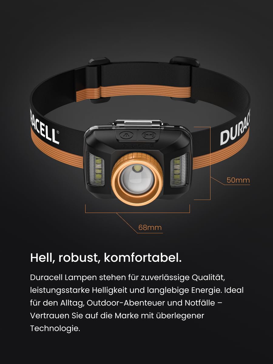Duracell Lampada frontale a LED DH850R Pro – 850 lumen, focalizzabile, 50 m, funzione luce rossa, DualPower, USB-C ricaricabile, batteria al litio, diverse modalità di illuminazione, confezione regalo