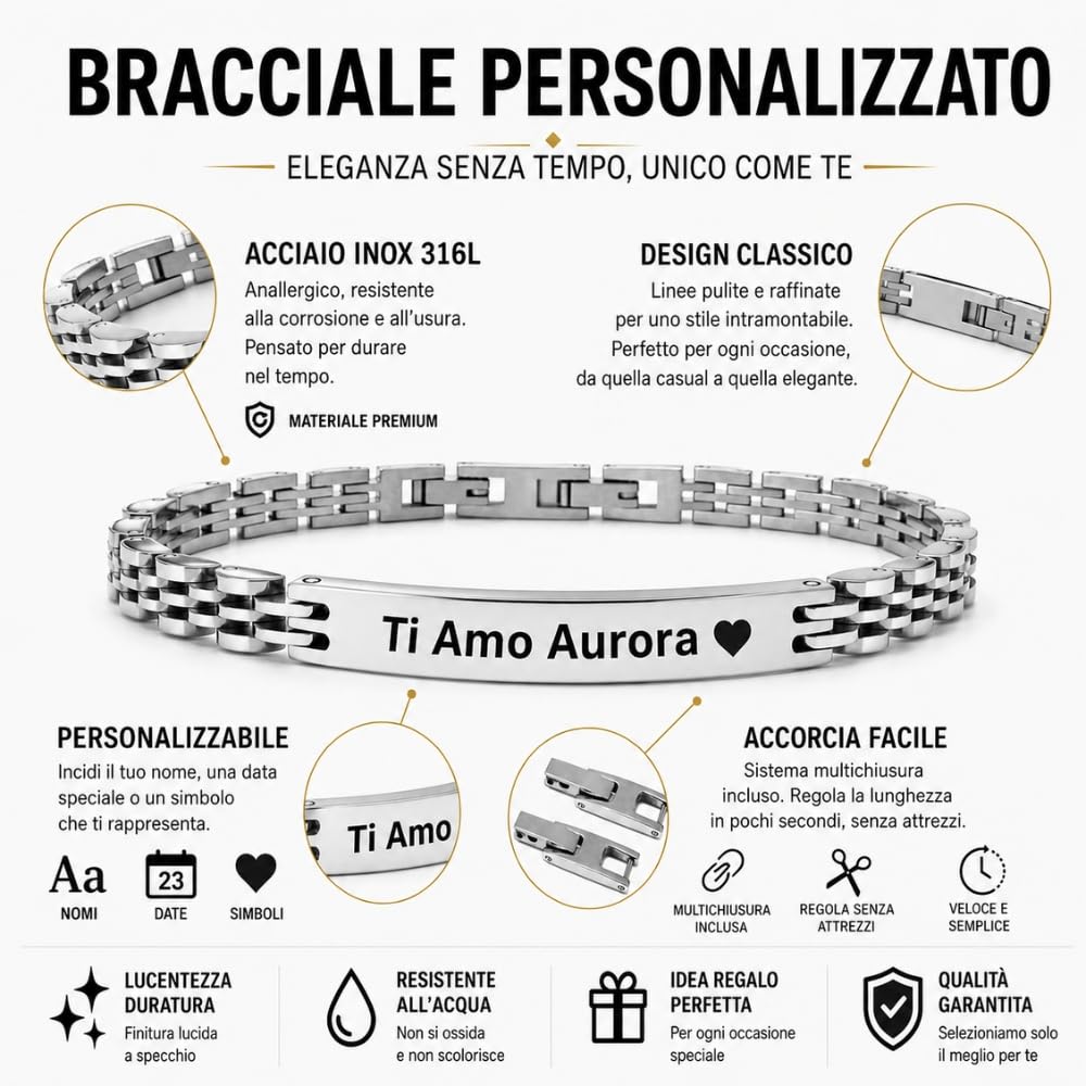 Bracciale Personalizzato Uomo con Incisione in Acciaio Inox Maglia Jubilee, Idea Regalo per Lui, Marito, Compagno, Fidanzato, Personalizzabile con Nome, Data e Frase