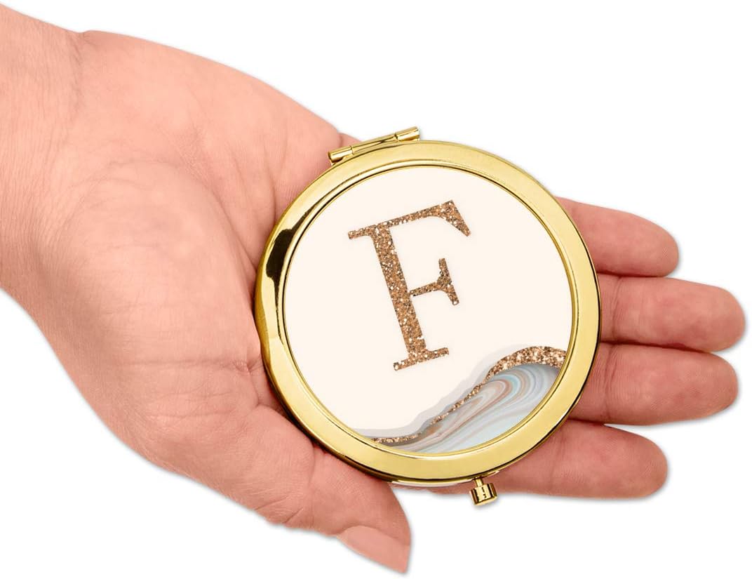 Andaz Press Gold Compact Mirror Bridesmaid's Gift, Monogram Initial Letter F, Quartz Marble Gold Copper Glitter, 1-Pack, Wedding Gifts Ideas for Maid of Honor image 3