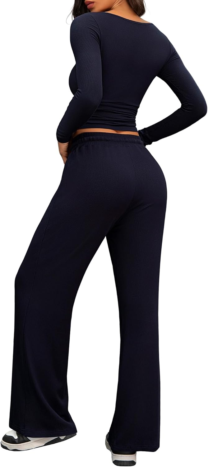 Cozy 2 Piece Lounge Sets for Women, Side Ruched Long Sleeve Top & Wide Leg Pants Casual Matching Tracksuit for Home & Travel - Image 5