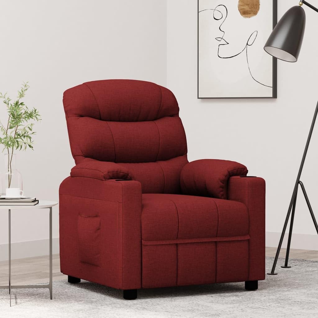 Fotel relaksacyjny z materiału w kolorze czerwonego wina z regulowanym oparciem i podnóżkiem, wyściełane siedzisko, rama drewniano-metalowa, ergonomiczny fotel do salonu, biura, czytania i