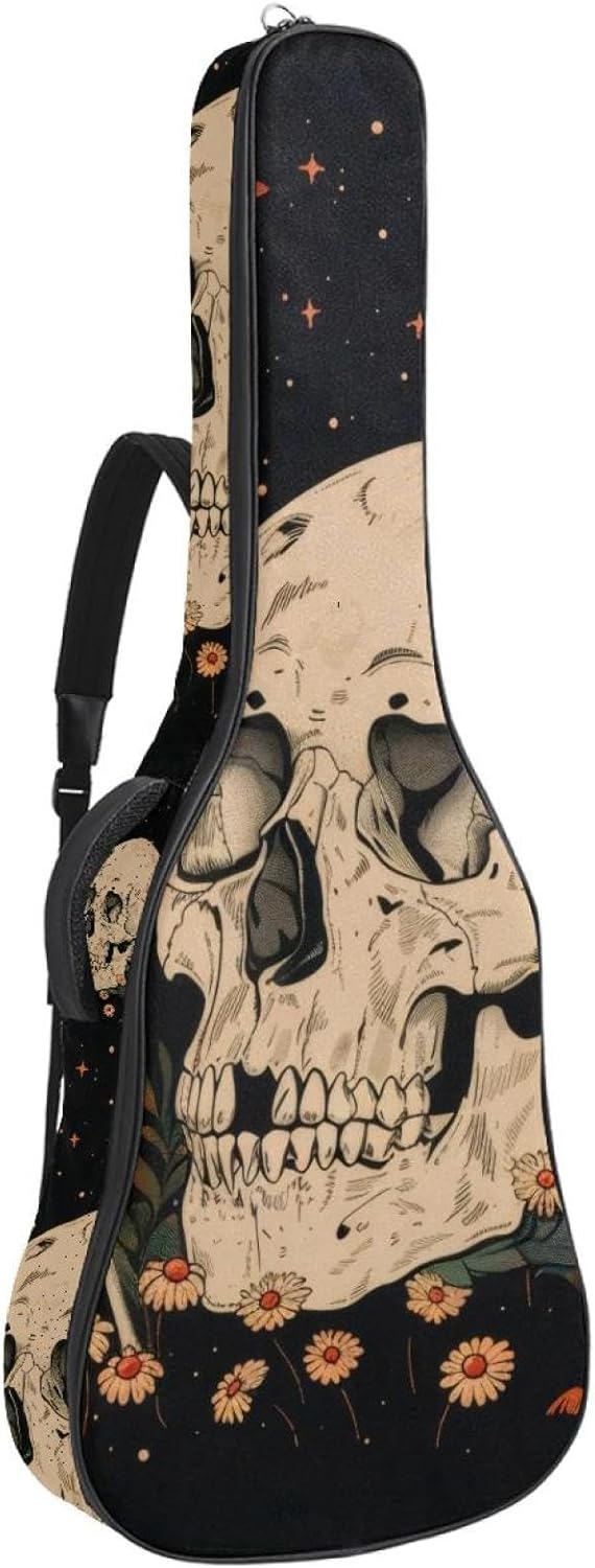 Acoustic Guitar Bag 0.4 Inch Thick Padding Waterproof Guitar Case Gig Bag for 40 41 42 Inch Electric Bass Classical Guitar, Aesthetic Skull Mushroom Moon Flowers