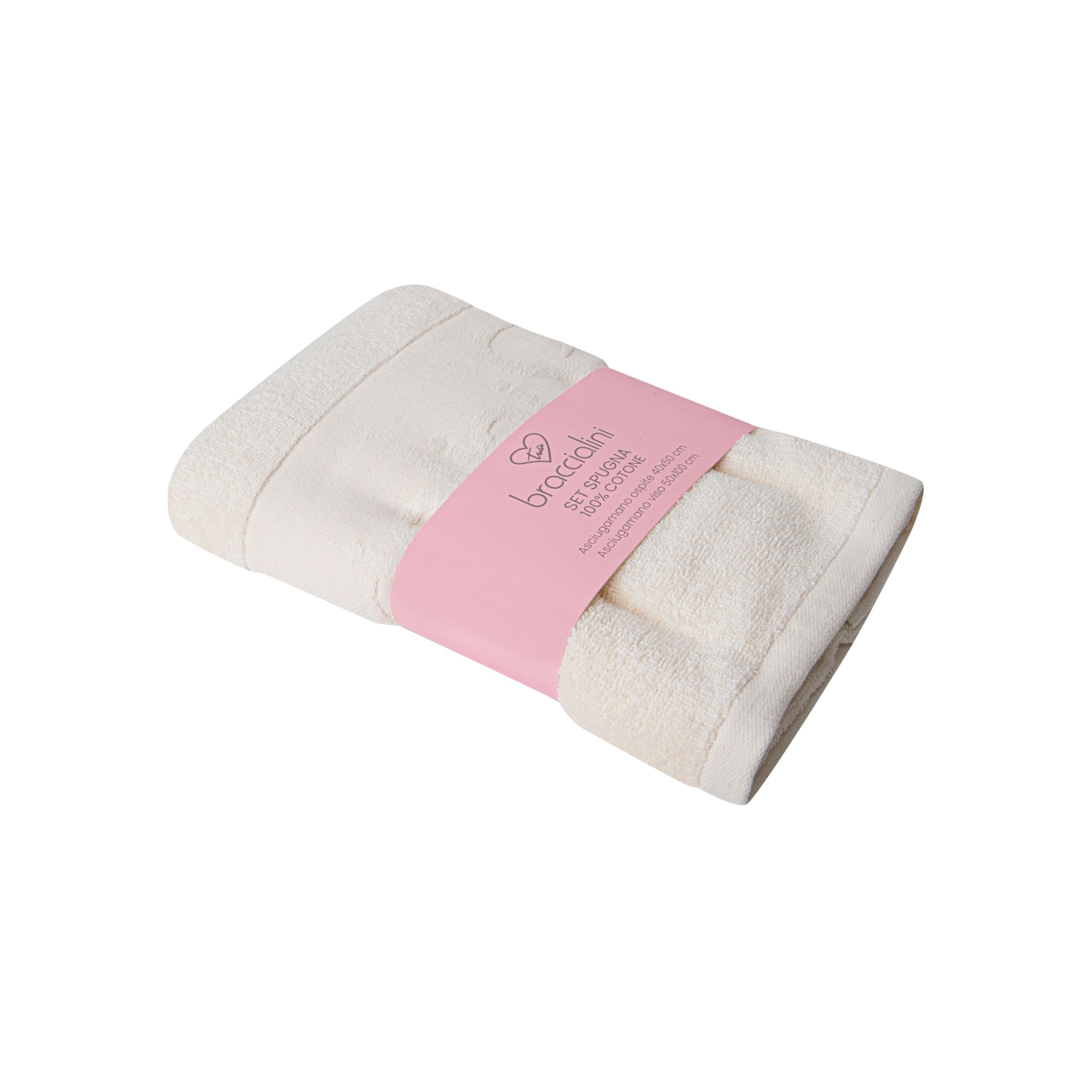 Braccialini Set 2 Asciuagamani In Spugna Raffinato ed essenziale, questo set in morbida spugna di cotone coccola la pelle con delicatezza. Include un asciugamano viso (50x90 cm) e uno ospite (30x50