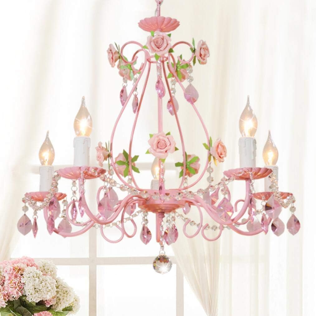 Bagood Gypsy Pink Flowers Crystal Chandeliers Fixture E14 Modern Wrought Iron Rose Restaurant Bedroom Living Room Hanging Lamp(2 Colors Light))