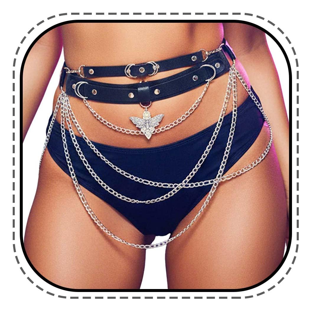 Kesvb Punk Leather Waist Chain Belt Black Fashion Rave Body Accessories for Women
