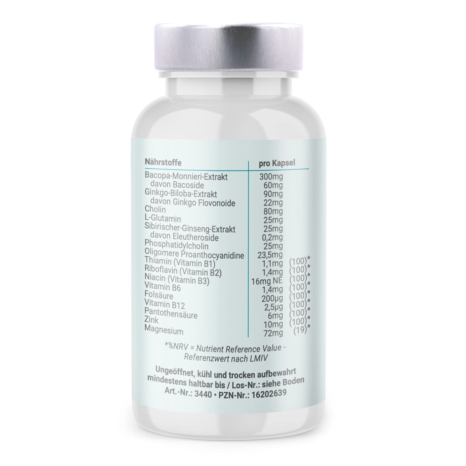 90 Kapseln Brahmi (Bacopa Monnieri Extrakt), Ginkgo Biloba, OPC Traubenkernextrakt & Sibirischer Ginseng | Natürliche Mikronährstoffe