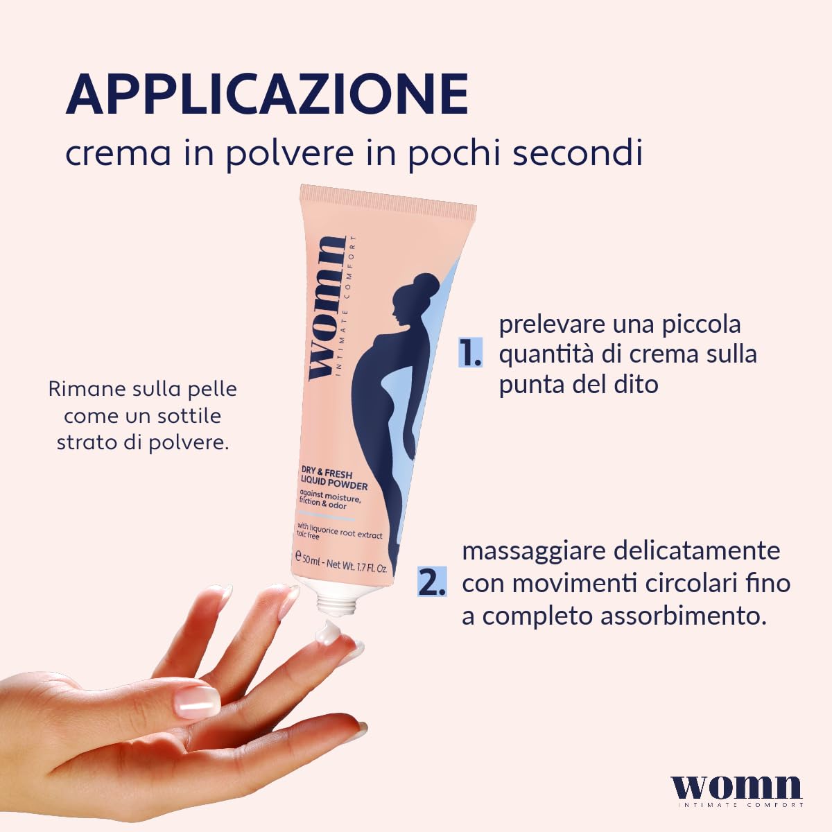 womn Intimate Comfort Dry & Fresh Liquid Powder 50 ml – Polvere Liquida Senza Talco per Zona Intima, Inguine e Sotto il Seno – Assorbe il Sudore, Riduce Sfregamenti e Odori
