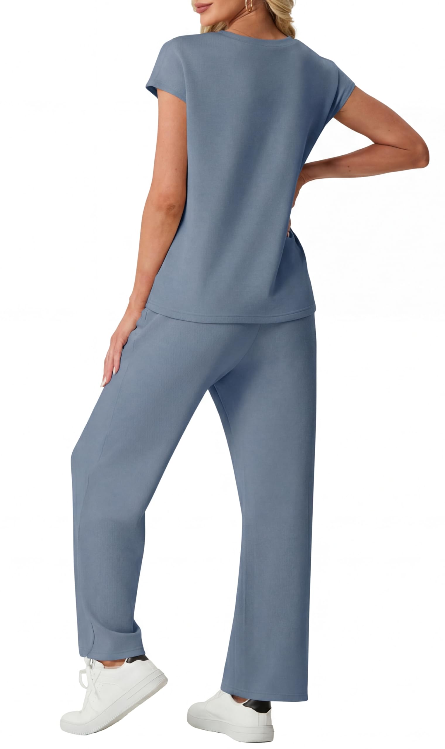 GRECERELLE Trainingsanzug Jogginganzug Damen Sommer Set mit kurzärmligem Loungewear zweiteiliges Outfit für Damen lässiges Rundhals Top und sportliche Unterteile mit Taschen