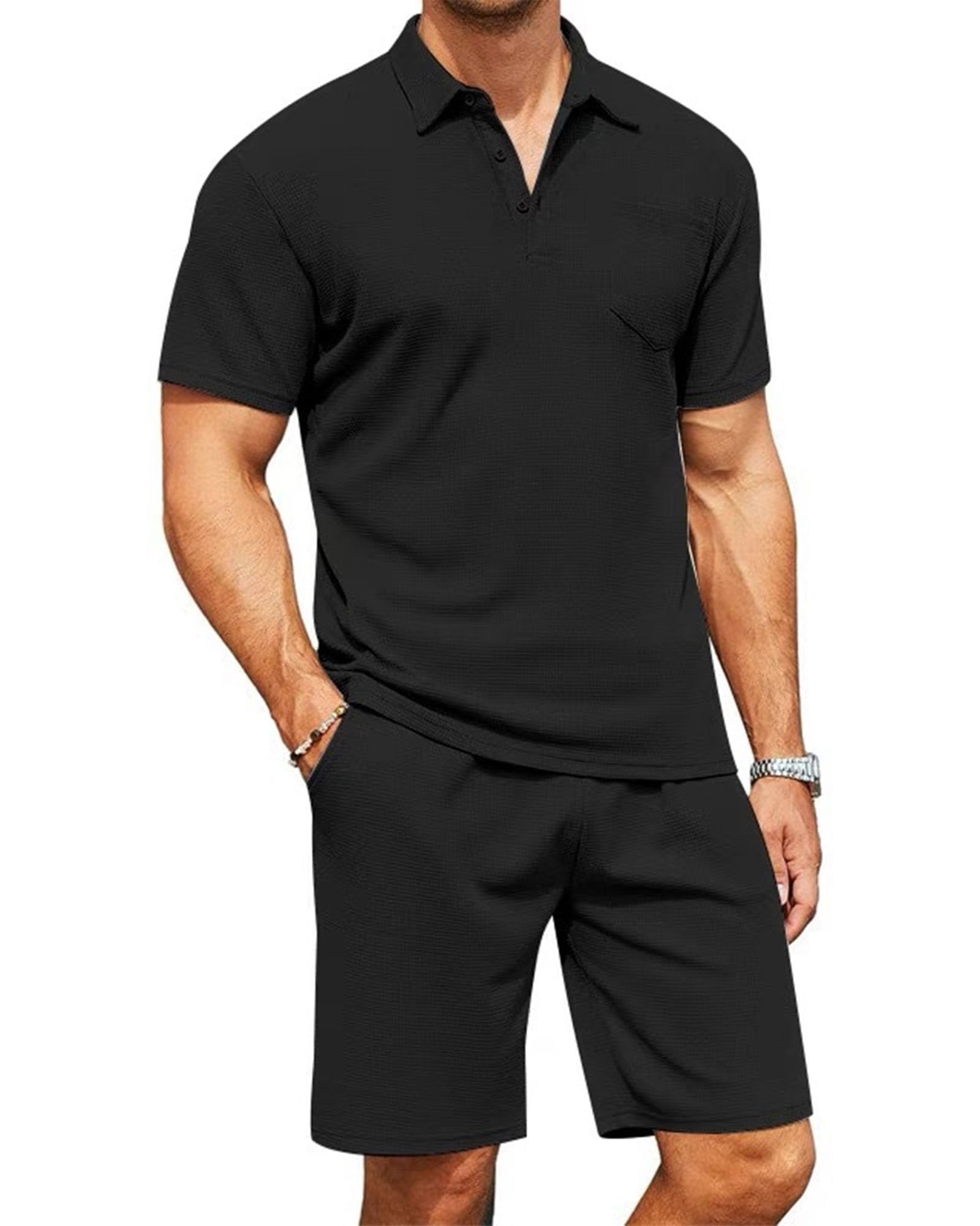 Męski dres letni kombinezon slim fit do joggingu, odzież codzienna, koszulka polo z krótkim rękawem i szortami, zestaw 2 szt