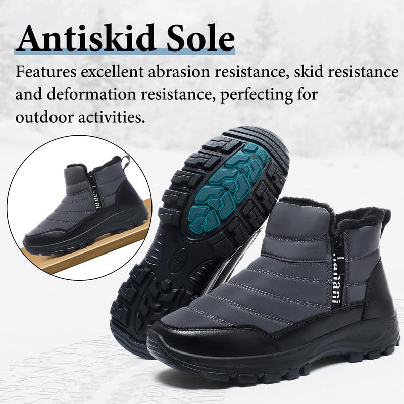 Image of Hanani Mens Winter Snow Boots Fur Lined Warm Ankle Boots Zipper Closure Waterproof Outdoor Boots Men's Lightweight Comfortable Shoes