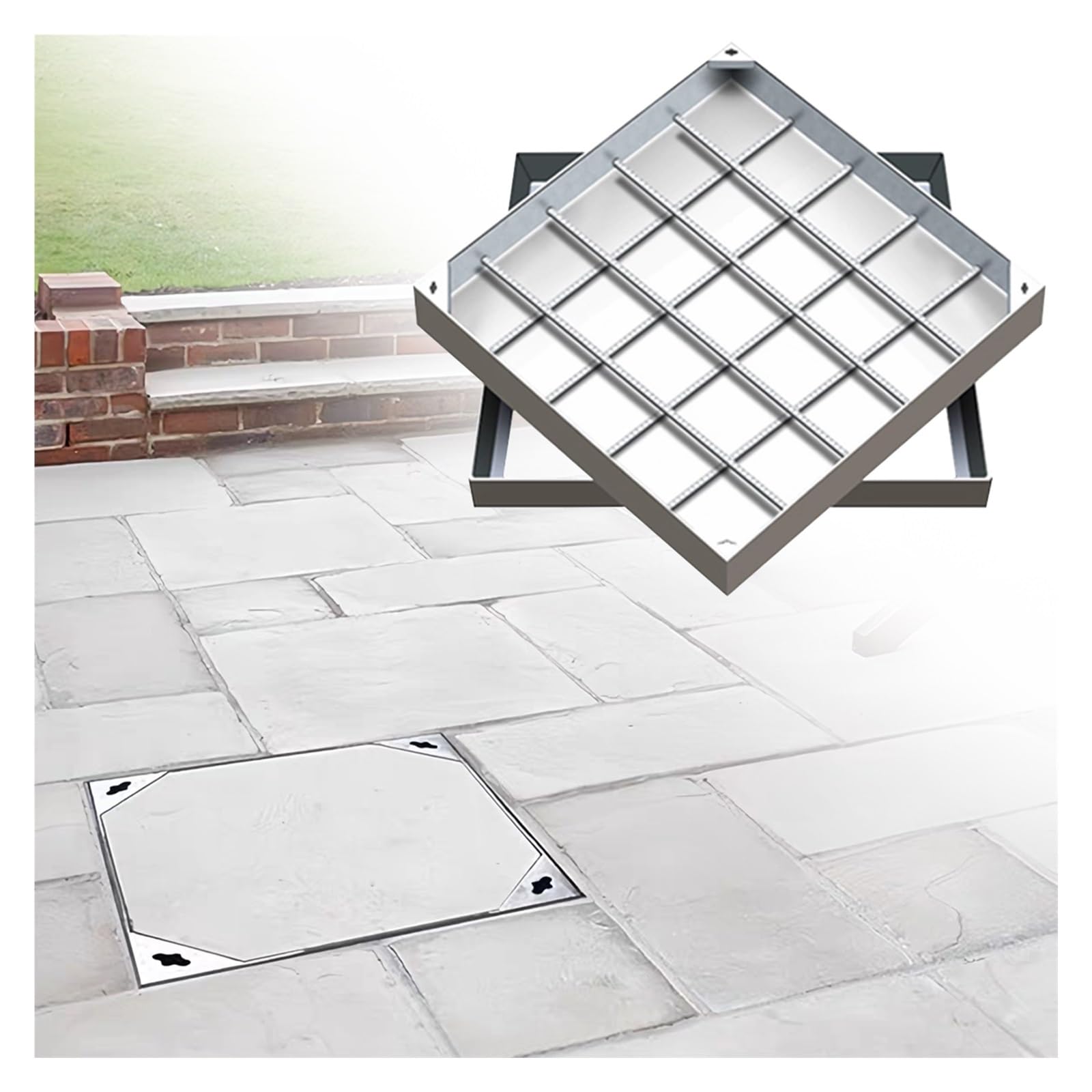 KLGFBDC Square 304 Stainless Steel Manhole Cover, Reinforced Steel Embedded Sewer Cover With Frame, Non-Slip Invisible Septic Tank Lid For Pavement/Driveway(70x70cm/27.6x27.6in)