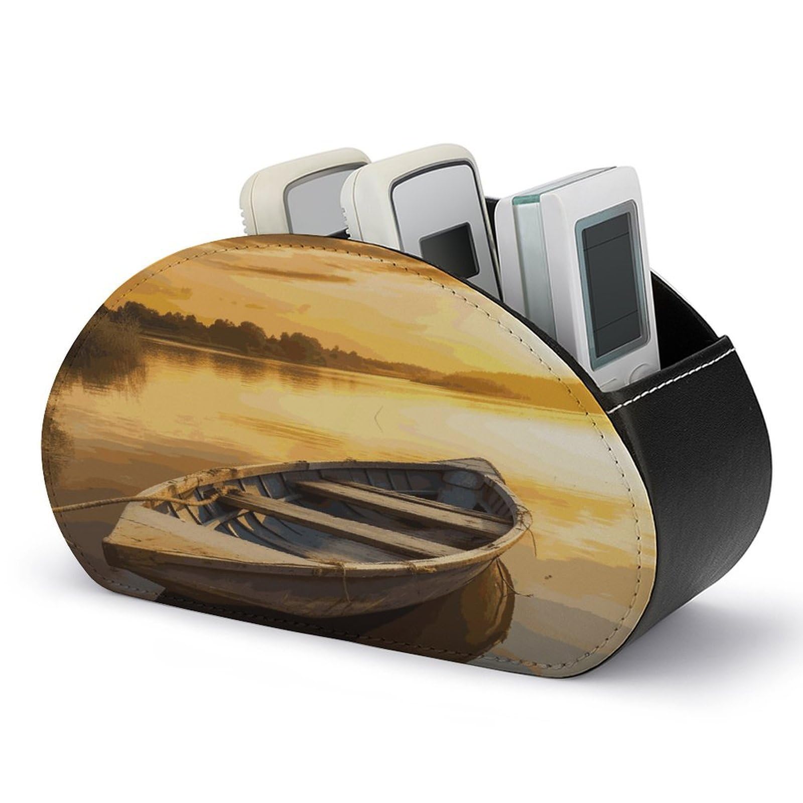LDGSUPH River Sunset Wooden Boat Remote Control Holder with 5 Compartments PU Leather TV Remote Caddy Storage Box Multi-functional Desk Storage Organizer Box Anti-slip Desktop Caddy