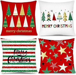 Whaline Christmas Pillow Case Merry Christmas Pillow Cover Xmas Tree Star Throw Cushion Cover Red Green Cushion Cases for Home Office Sofa Bed Christmas Party Decoration, 4Pcs, 18" x 18"
