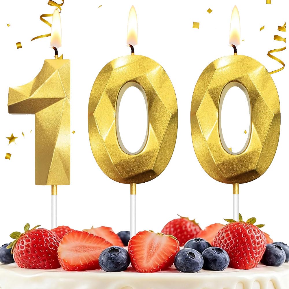 Hlwgfjdy Gold 100Th Birthday Candles Number 100 Cake Topper Happy Birthday Cake Decorations 3D Designed For 100Th Birthday Party, Candles For Birthday Anniversary Celebration Party Supplies