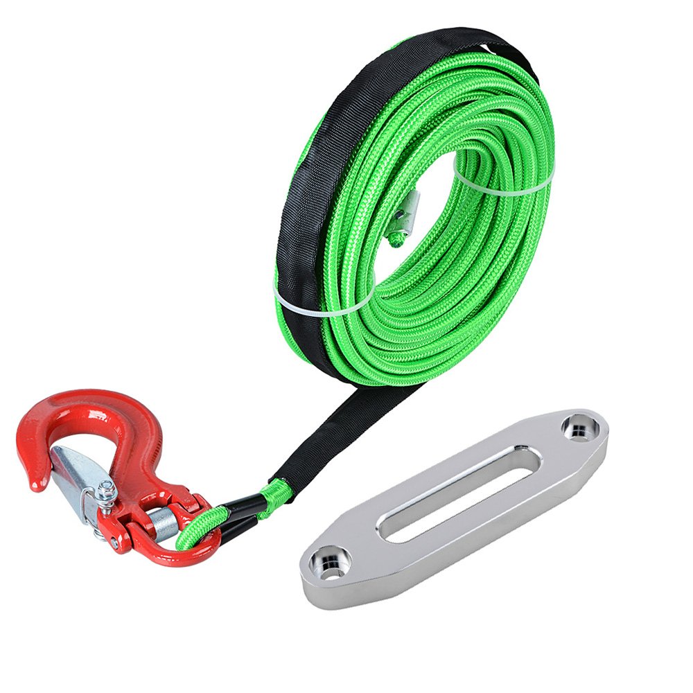 Astra Depot 50ft x 1/4 inch Green All Heat Guard Synthetic Winch Rope Cable 7000LBS w/RED Heavy Duty Half-Linked Hook + 6'' Aluminum Hawse Fairlead for Ramsey KFI ATV UTV