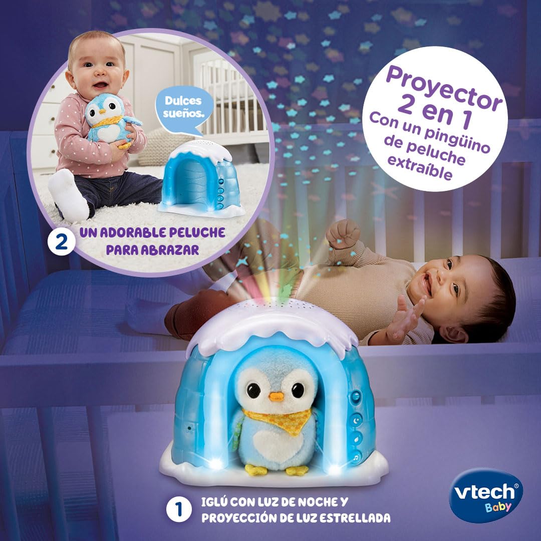 VTech-Baby Iglú Proyector Peluchito Pingüino, Juguete bebés recién Nacidos, Proyector Musical con Luces y Cielo Estrellado, Peluche Interactivo, Nanas y Sonidos Naturaleza, Versión ESP