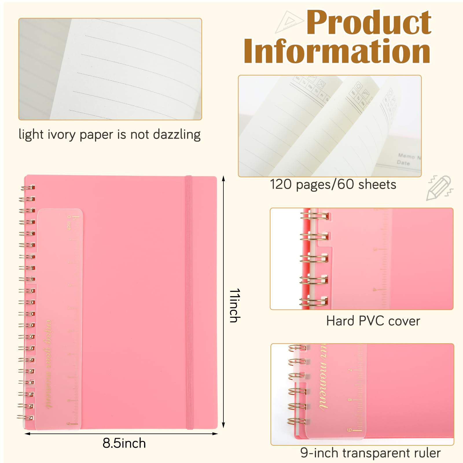 Resurhang 3 quaderni a spirale, 21,6 x 27,9 cm, formato A4, a righe, con copertina rigida in plastica, 100 g/m², carta a righe, 120 pagine, per donne, uomini, ufficio, ufficio, affari