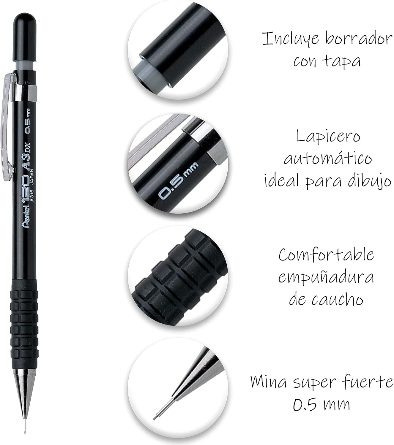 Pentel Sensi-Grip Automatic Pencil, 0.5mm, Black Barrel, Box of 12 (A315A)