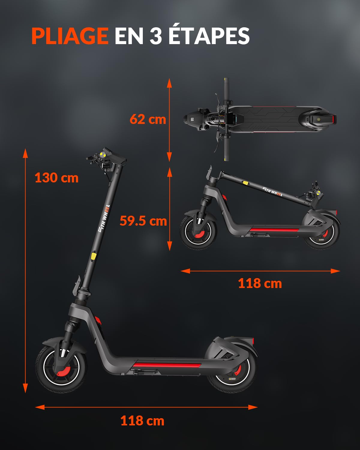 5TH WHEEL ES15 Trotinette électrique Adulte, Moteur jusqu'à 1200W/25km/h, 65KM Autonomie, Pneus Tubeless 11", Trotinette électrique Pliable avec Suspension Avant, App, Triple Freinage, Charge 150kg