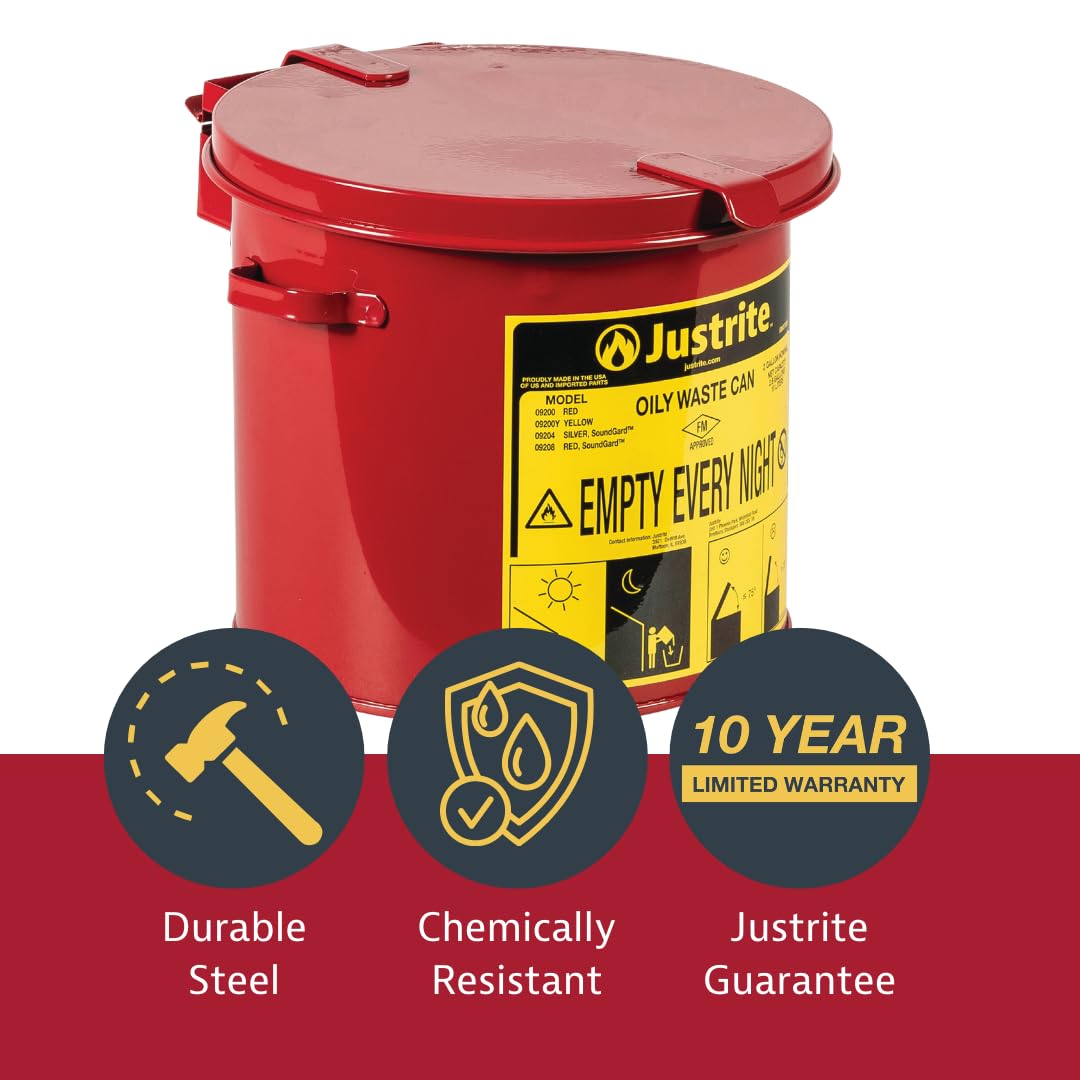 Justrite 2 Gallon Galvanized Steel Countertop Oily Waste Can, 9" x 9.6" Metal Oil Rag Safety Can with Hand Operated Self-Closing Lid for Oil Rag Disposal, Made in The USA, Red, 09200