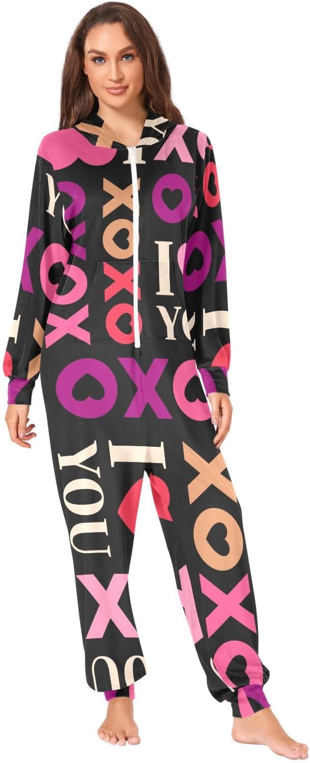 Aflyko Valentines Adult Onesies Love You Xoxo Novelty One-Piece Pajama for Men & Women Jumpsuit Multicolor